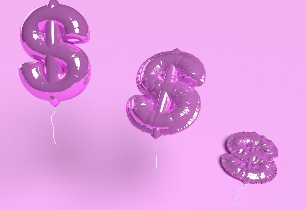 Are These 5 Stocks Too Overvalued to Buy Now? three purple helium balloons shaped like us dollar signs that are floating with a purple background