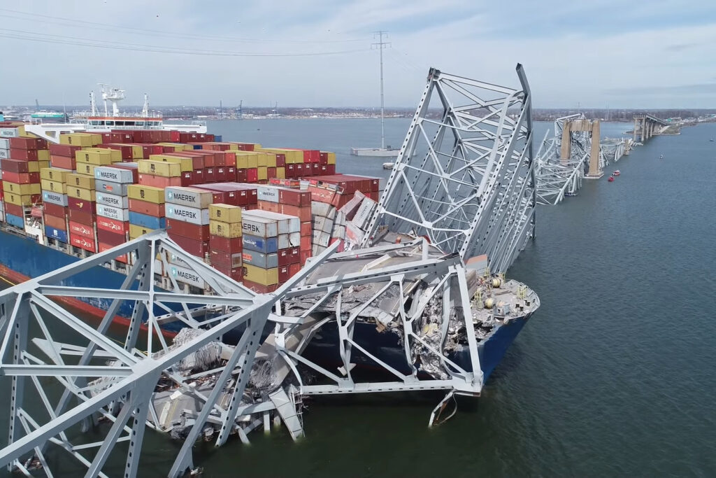 Maryland Moves to Deny Liability Limit Sought by Ship Manager in Key Bridge Collapse Collapsed Francis Scott Key Bridge in Maryland with Cargo Ship Dali