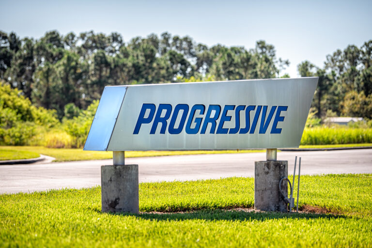 Progressive’s $950M in Florida Regurgitation to Mostly Be Credits in Renewals Riverview, USA - October 4, 2021: Progressive insurance office headquarters entrance sign in Tampa, Florida the second largest campus in the country with nobody
